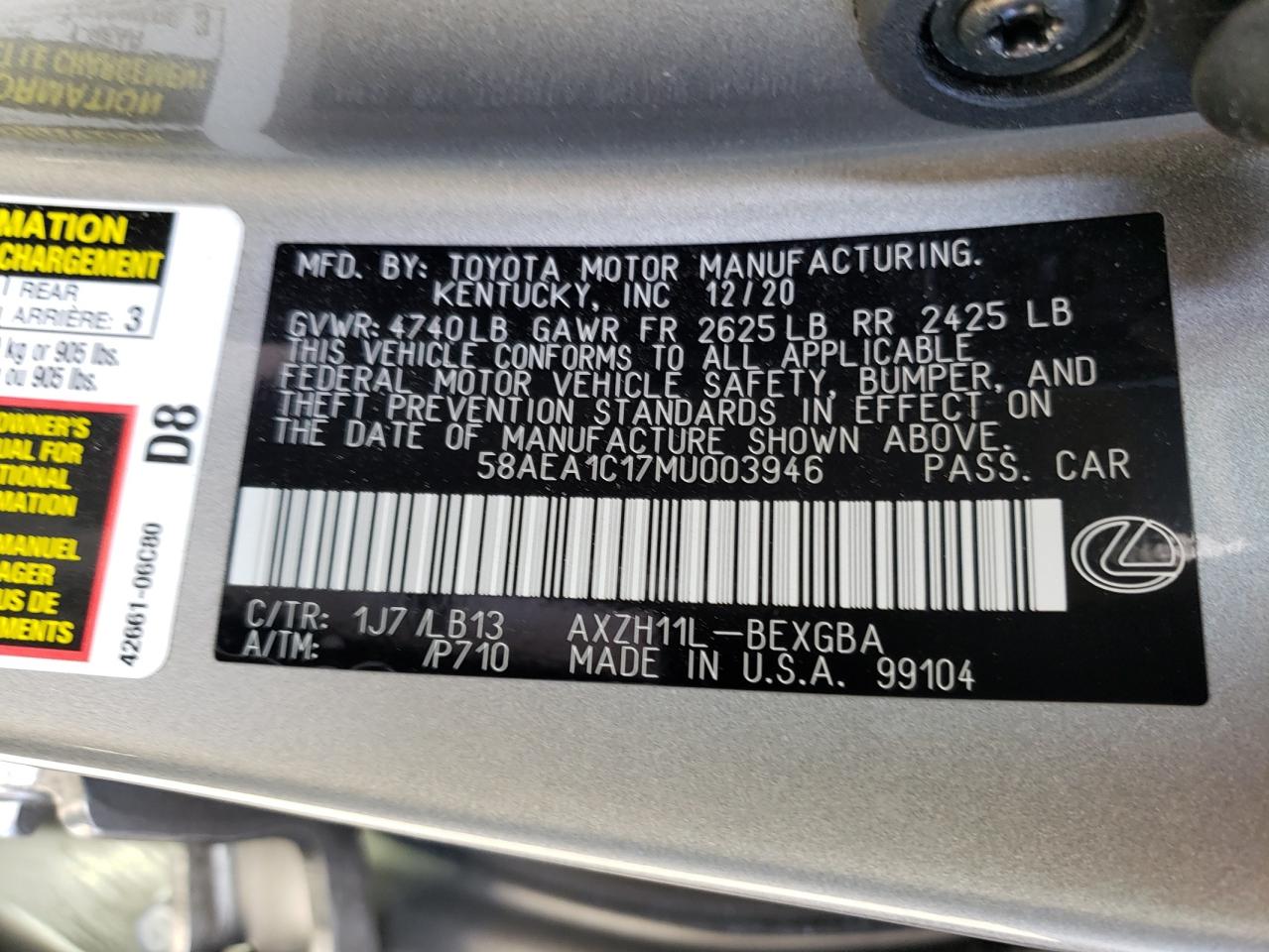 Photo 10 from auction – 2021 LEXUS ES 300H LU with VIN 58AEA1C17MU003946