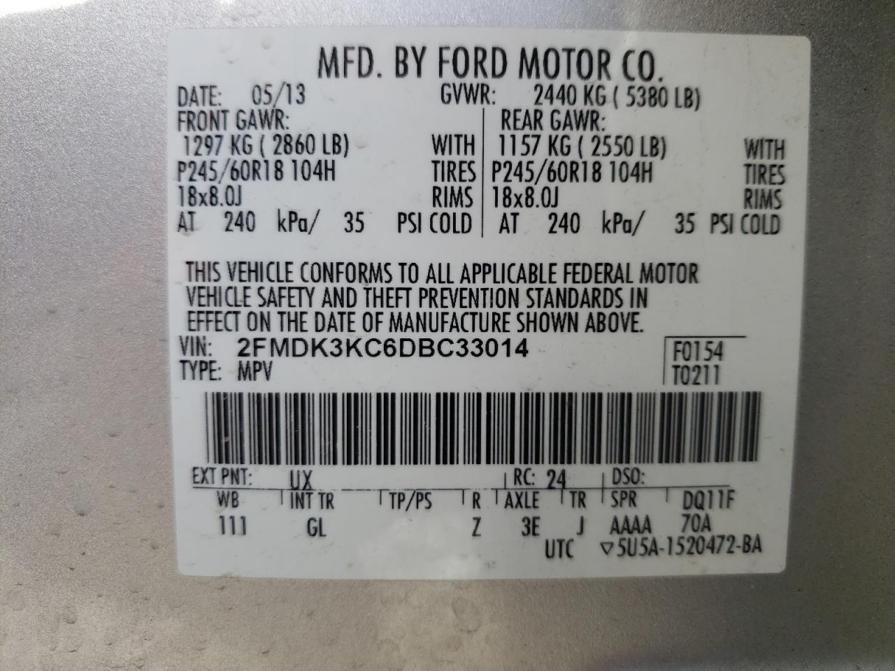 Photo 10 from auction – 2013 FORD EDGE LIMIT with VIN 2FMDK3KC6DBC33014