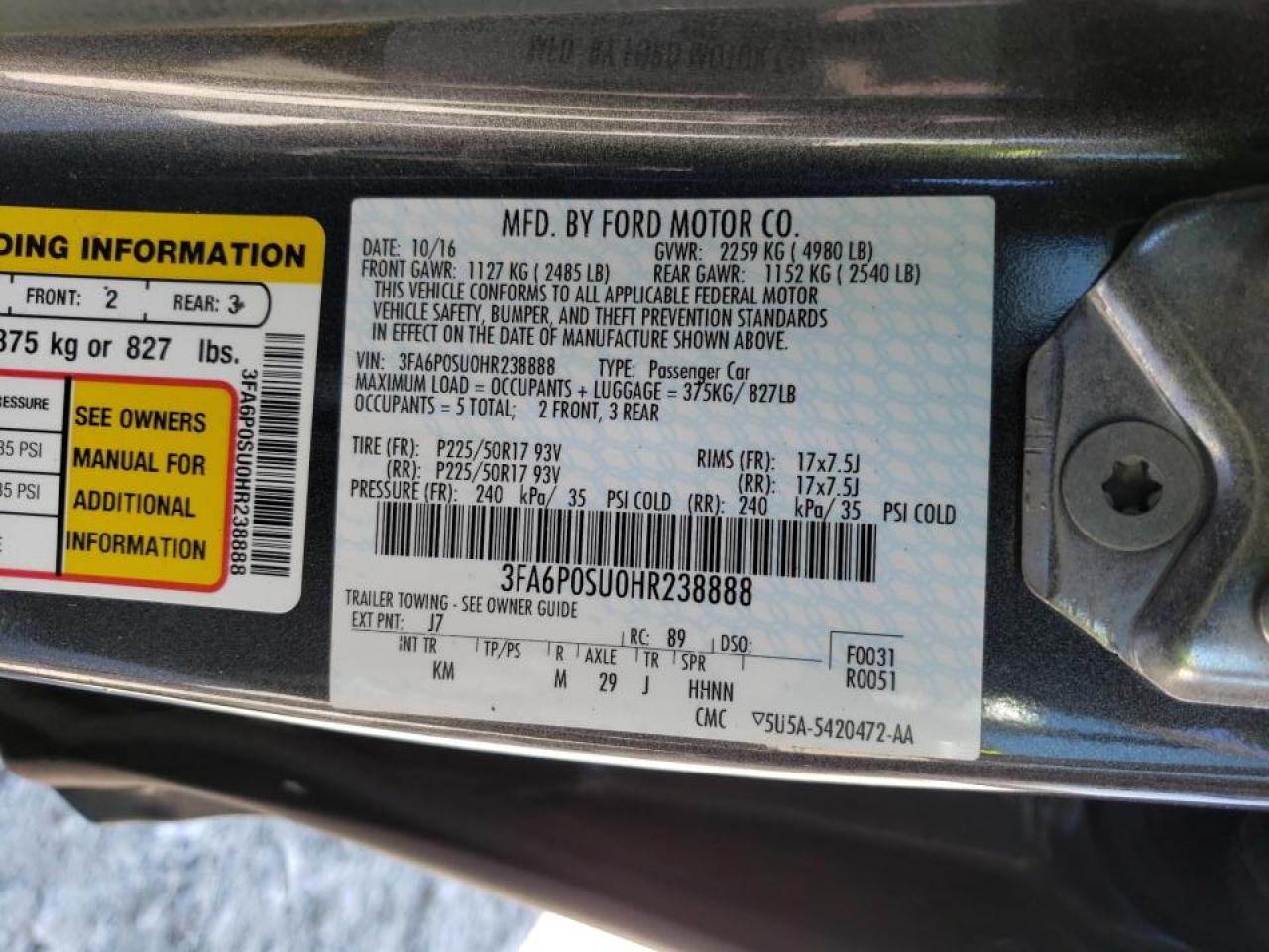 Photo 10 from auction – 2017 FORD FUSION TIT with VIN 3FA6P0SU0HR238888