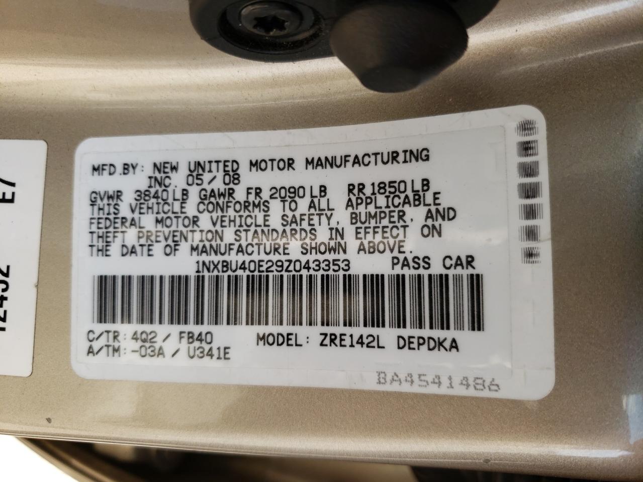 Photo 10 from auction – 2009 TOYOTA COROLLA BA with VIN 1NXBU40E29Z043353