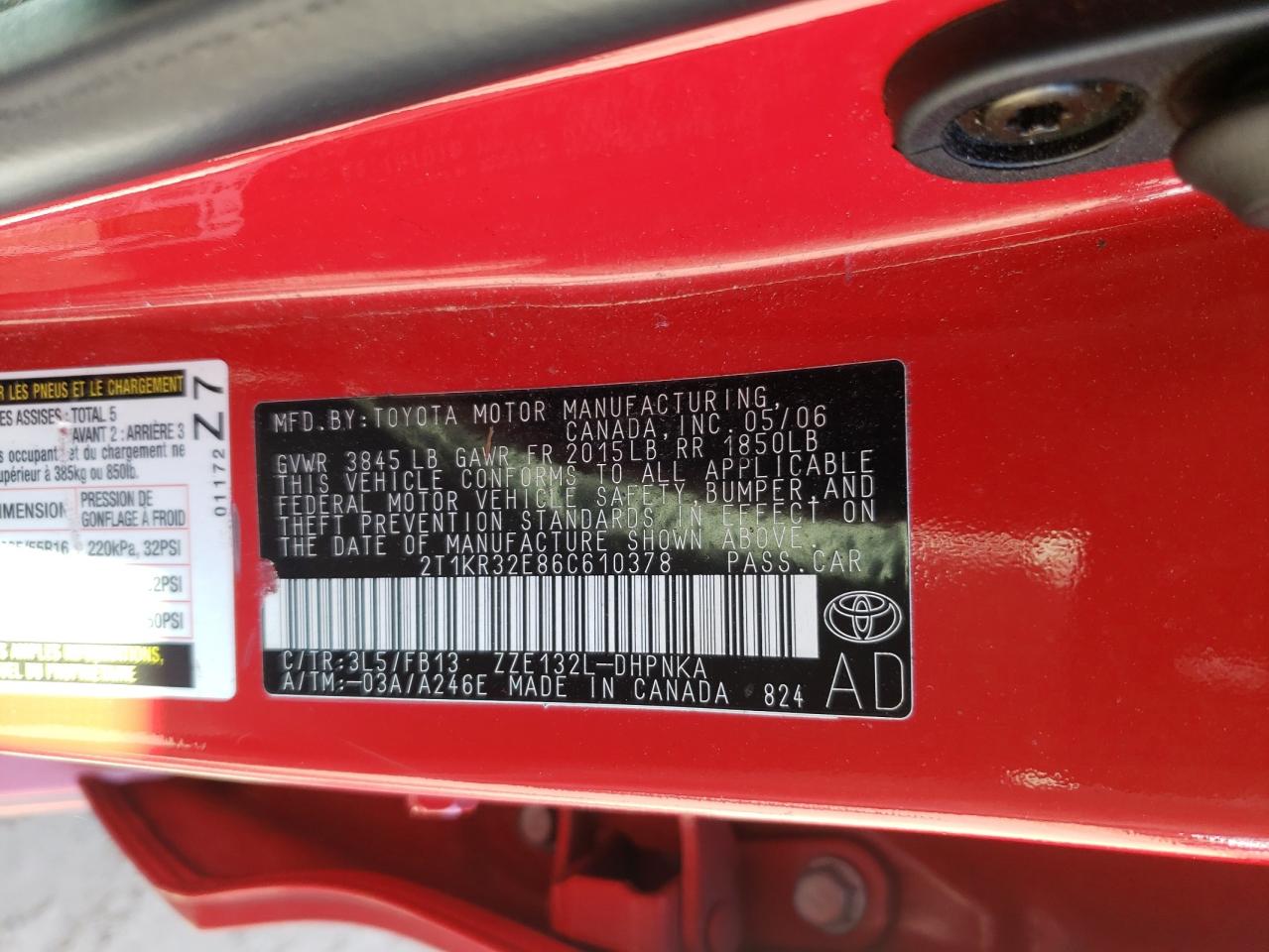 Photo 10 from auction – 2006 TOYOTA COROLLA MA with VIN 2T1KR32E86C610378