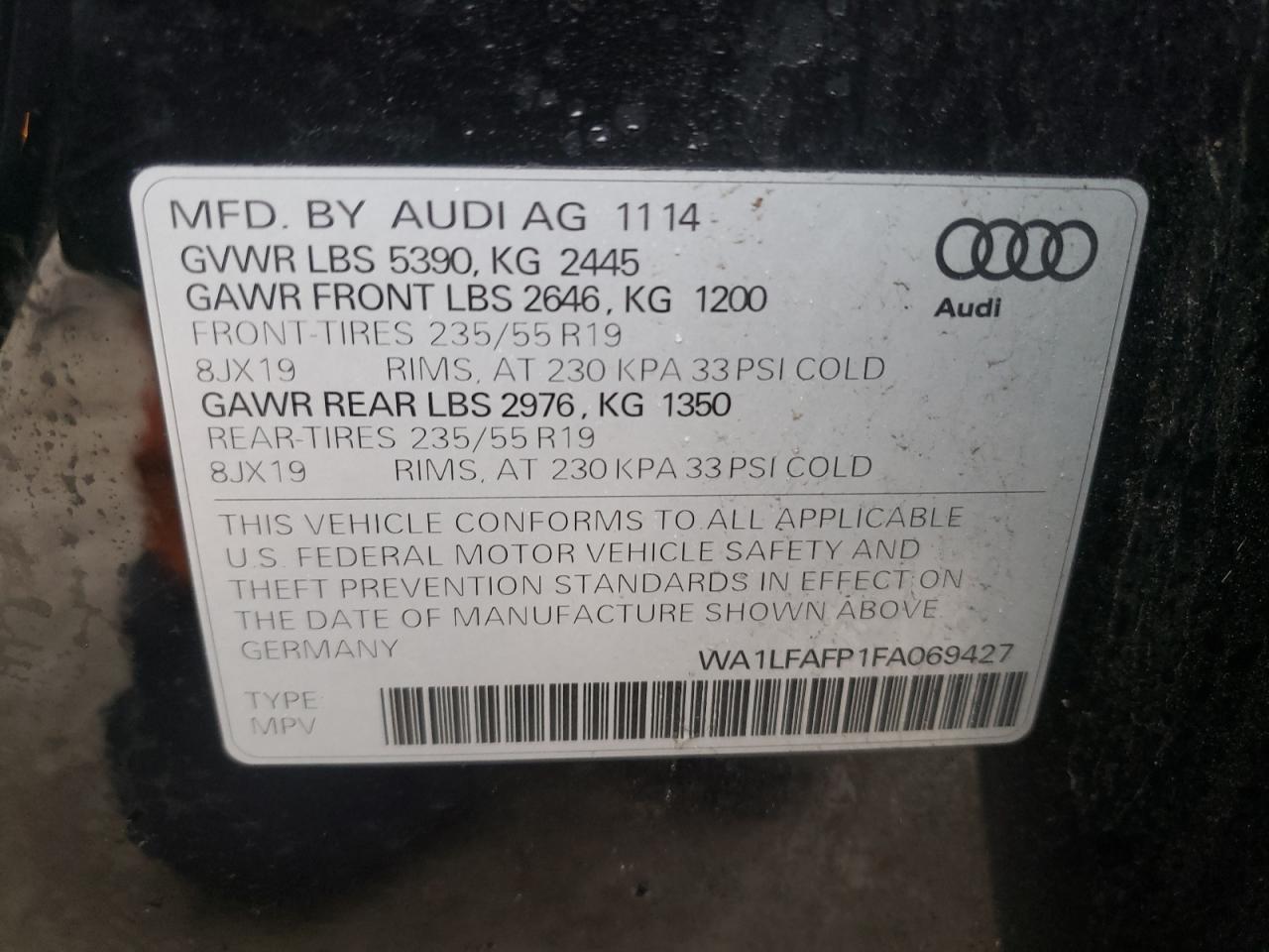 Photo 10 from auction – 2015 AUDI Q5 PREMIUM with VIN WA1LFAFP1FA069427