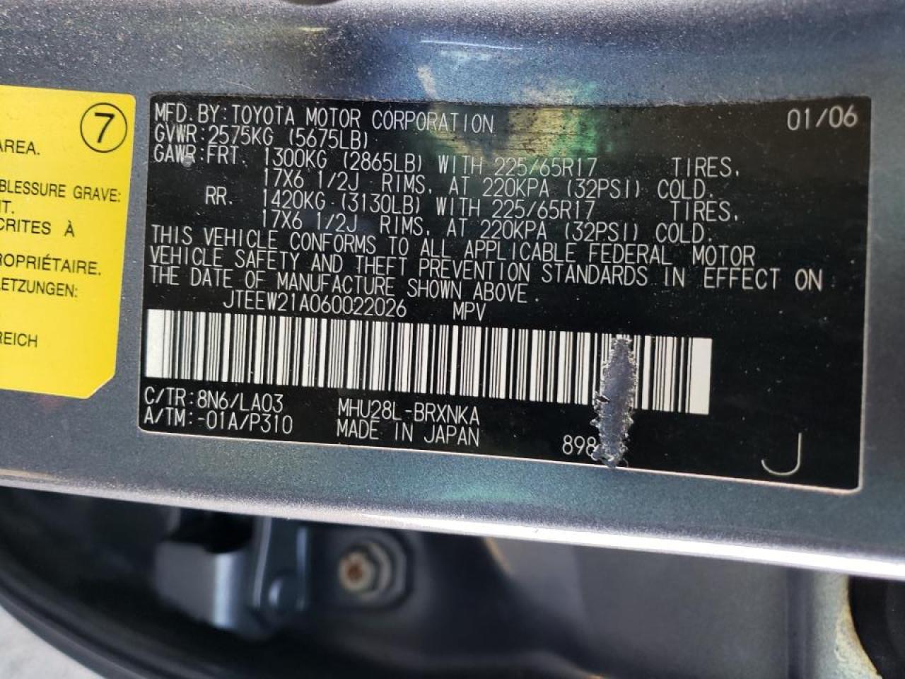 Photo 10 from auction – 2006 TOYOTA HIGHLANDER with VIN JTEEW21A060022026
