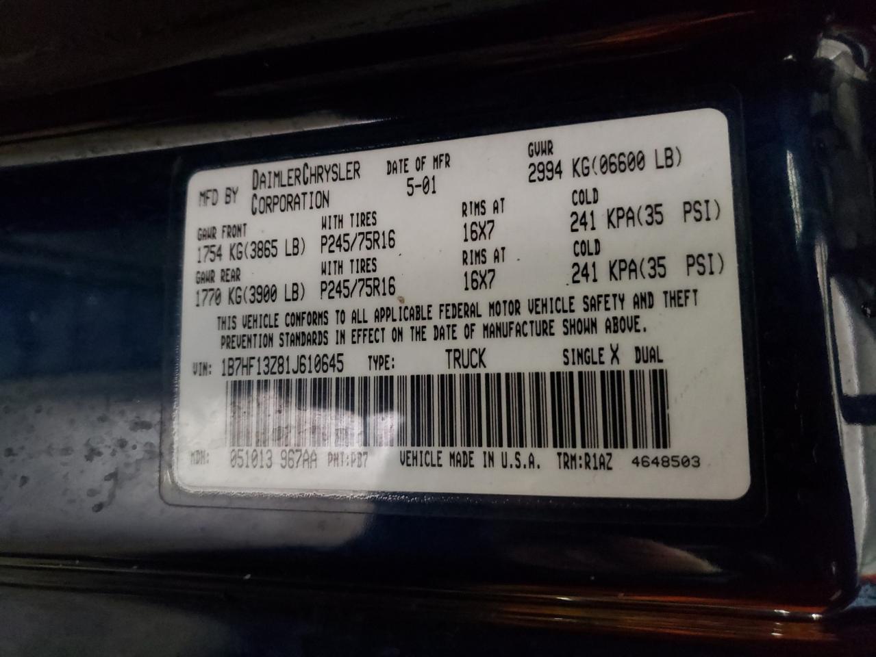 Photo 10 from auction – 2001 DODGE RAM 1500 with VIN 1B7HF13Z81J610645