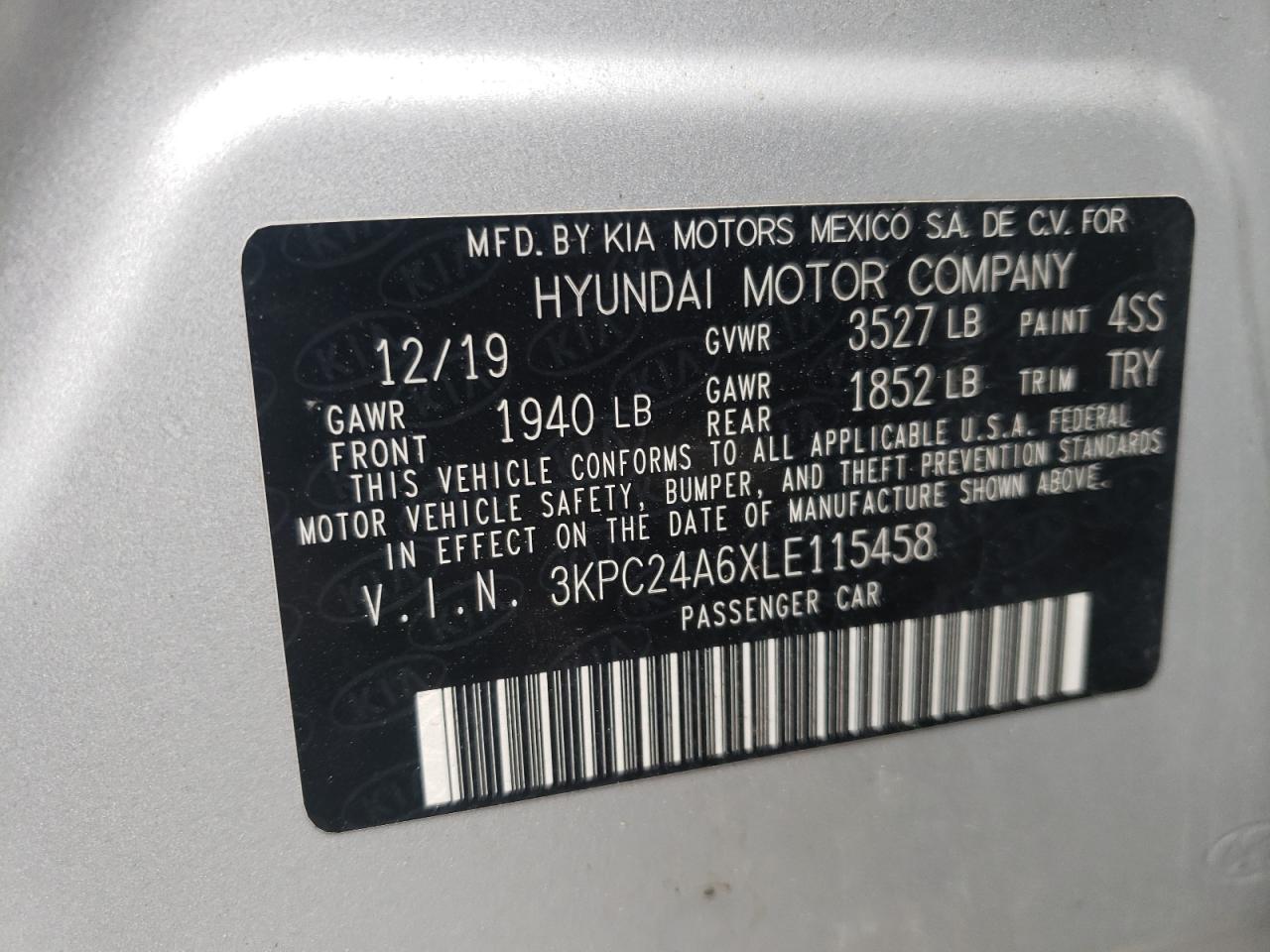 Photo 10 from auction – 2020 HYUNDAI ACCENT SE with VIN 3KPC24A6XLE115458