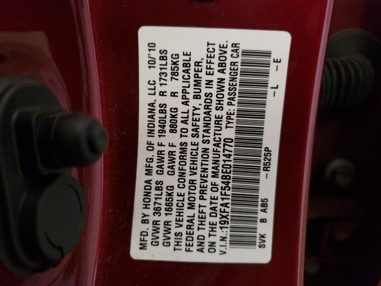 Photo 10 from auction – 2011 HONDA CIVIC LX with VIN 19XFA1F54BE014770
