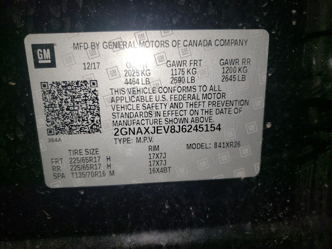 Photo 10 from auction – 2018 CHEVROLET EQUINOX LT with VIN 2GNAXJEV8J6245154