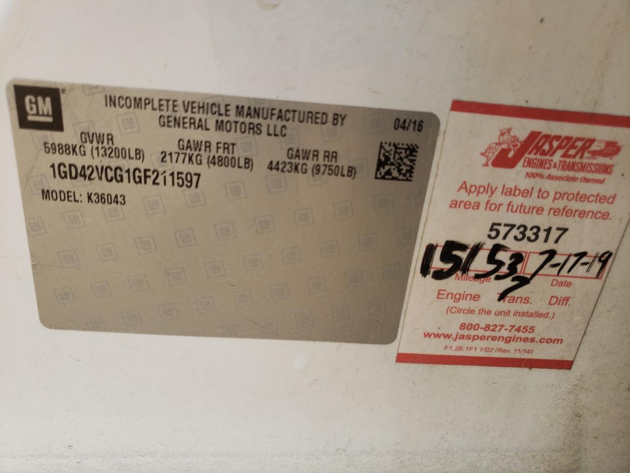Photo 10 from auction – 2016 GMC SIERRA with VIN 1GD42VCG1GF211597