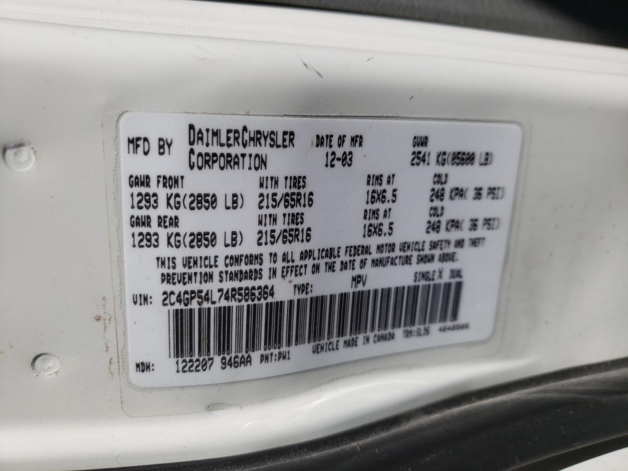 Photo 10 from auction – 2004 CHRYSLER TOWN & COU with VIN 2C4GP54L74R586364