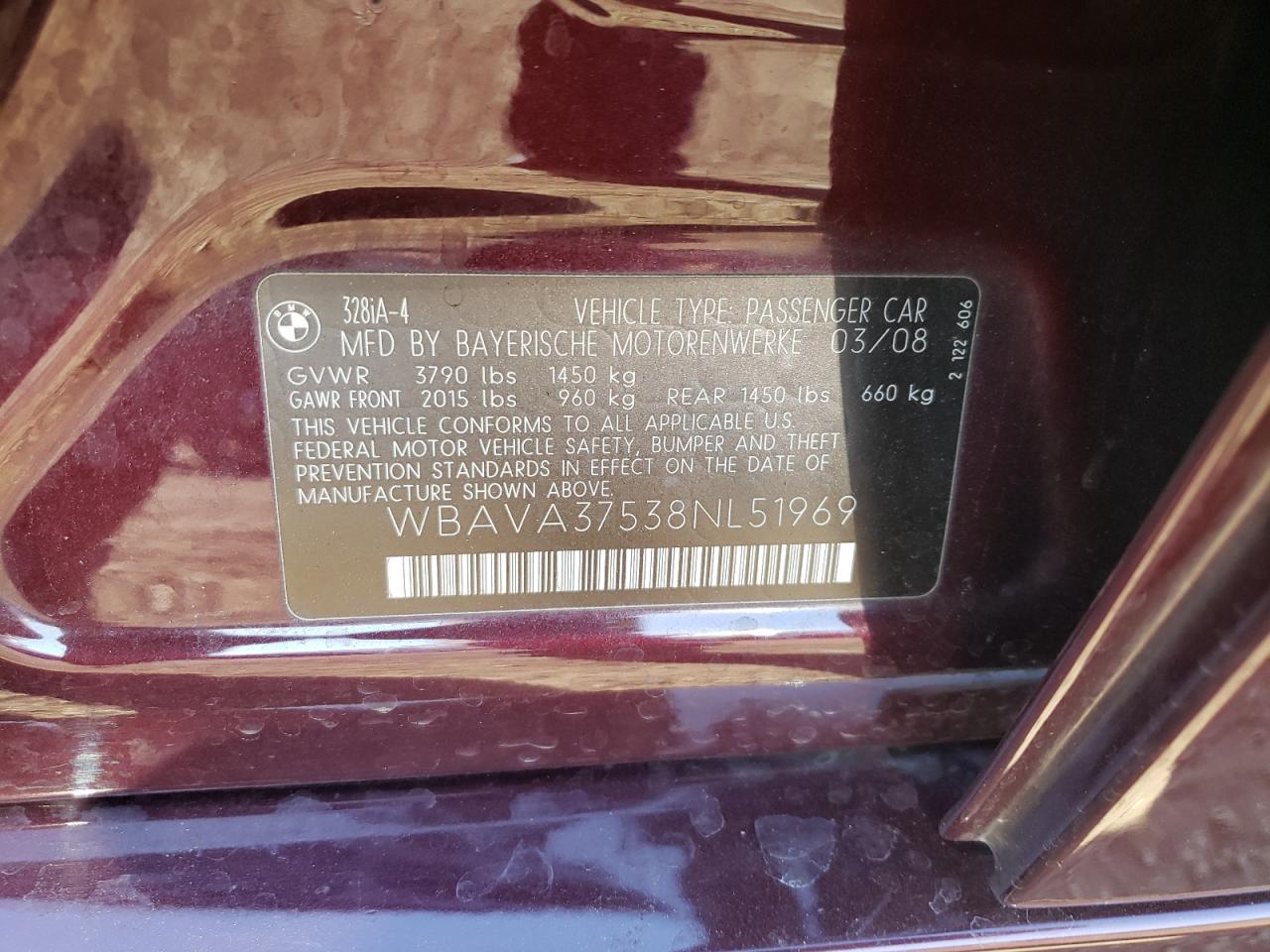 Photo 10 from auction – 2008 BMW 328 I with VIN WBAVA37538NL51969