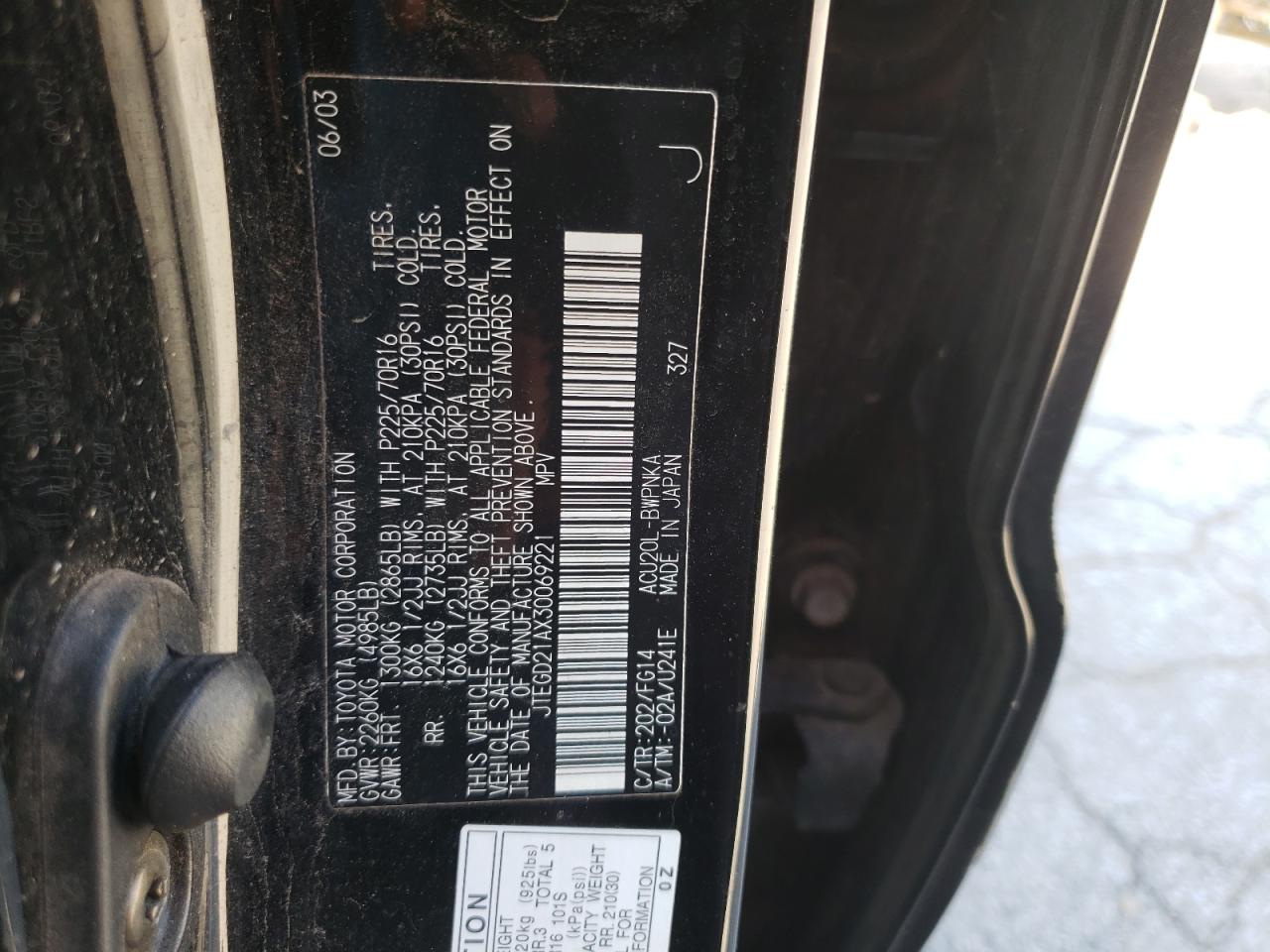 Photo 10 from auction – 2003 TOYOTA HIGHLANDER with VIN JTEGD21AX30069221