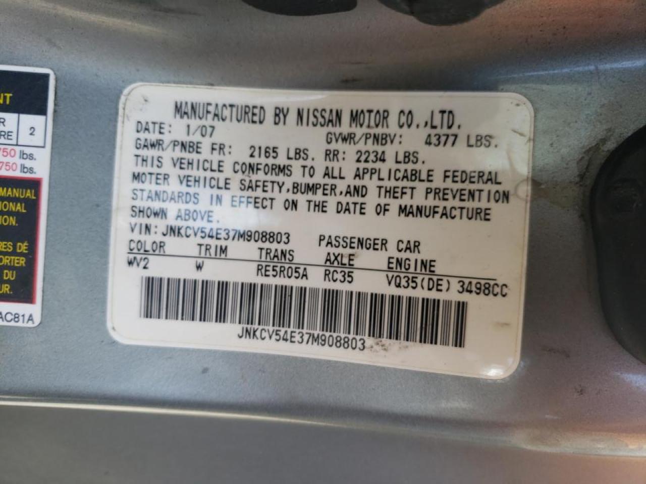 Photo 10 from auction – 2007 INFINITI G35 with VIN JNKCV54E37M908803