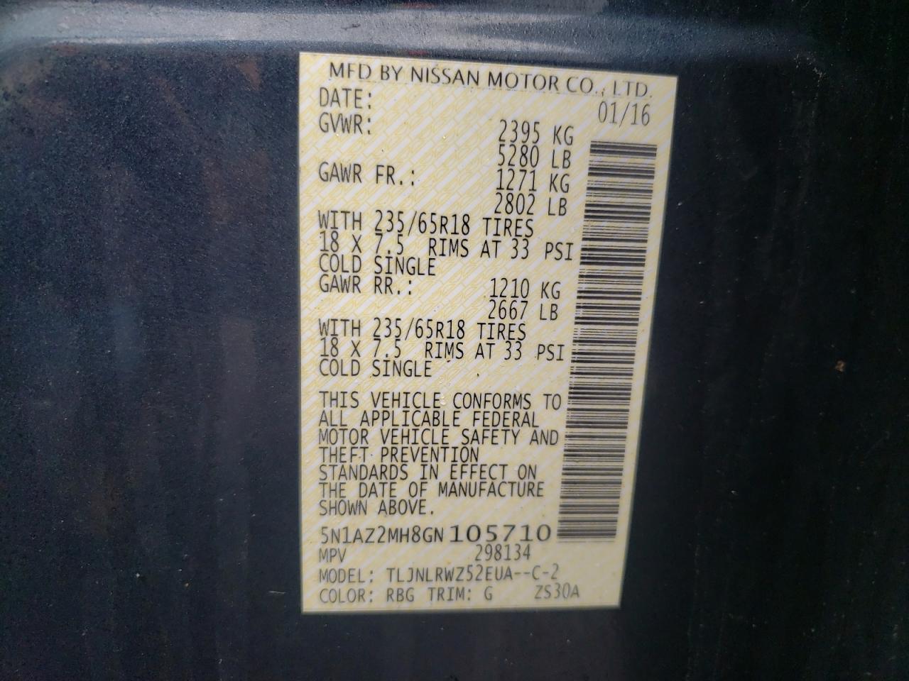 Photo 10 from auction – 2016 NISSAN MURANO with VIN 5N1AZ2MH8GN105710