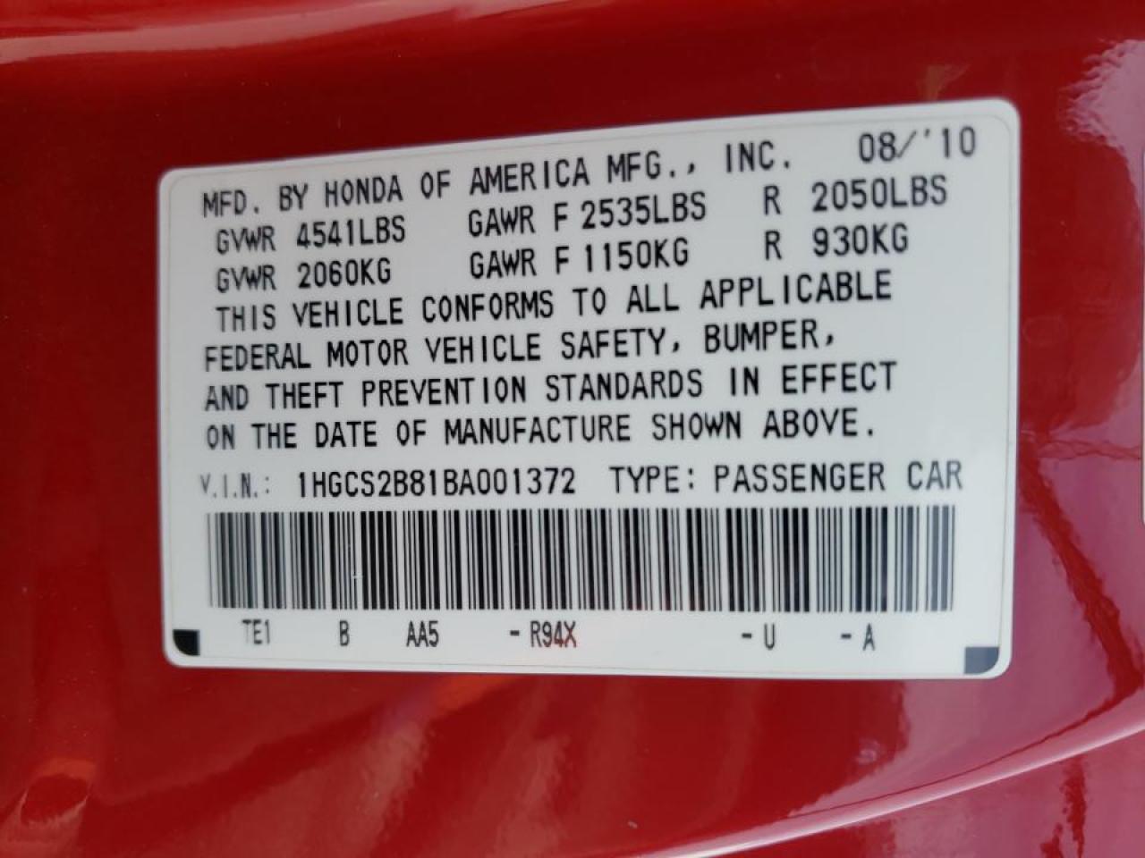Photo 10 from auction – 2011 HONDA ACCORD EXL with VIN 1HGCS2B81BA001372
