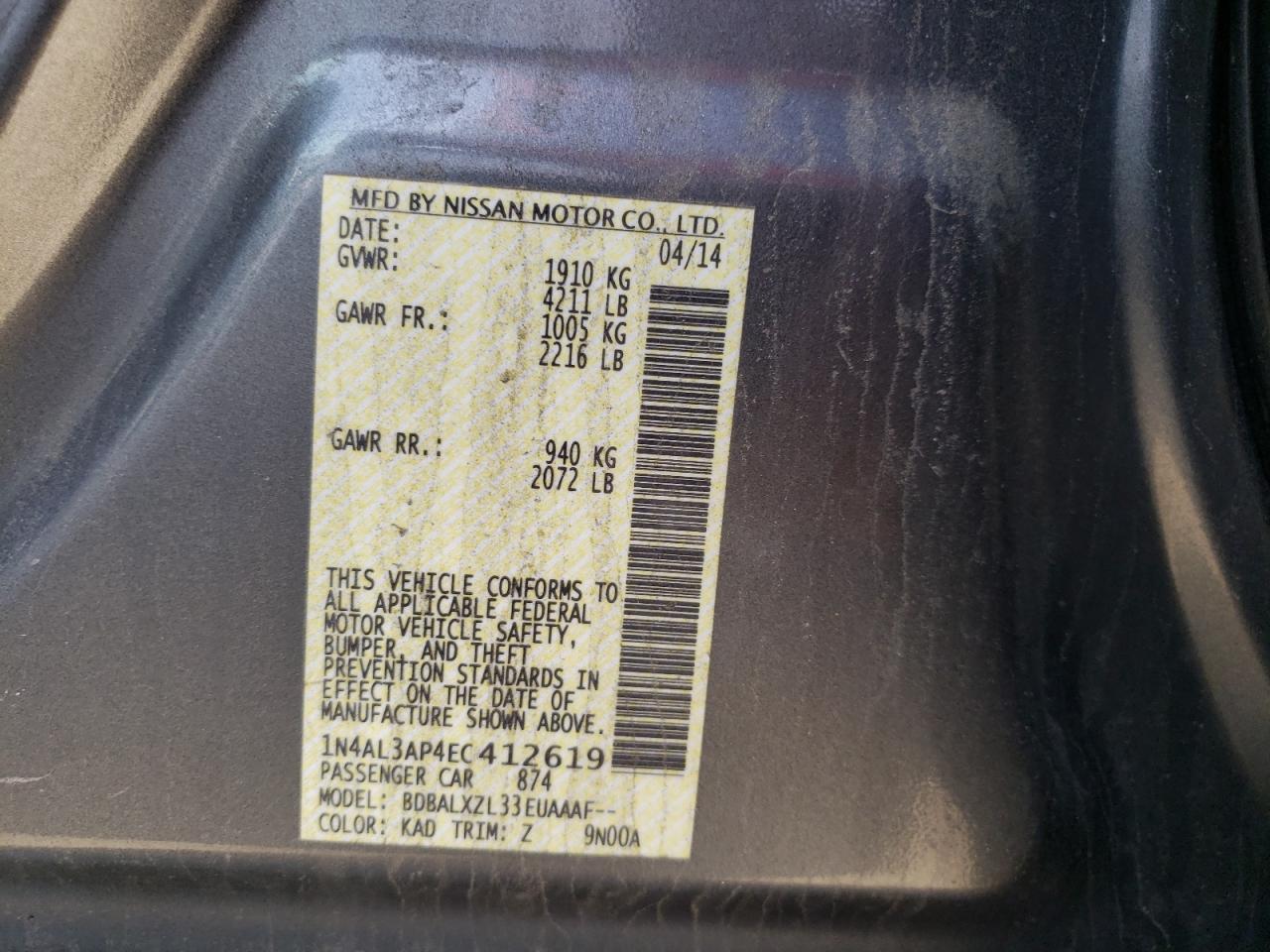 Photo 10 from auction – 2014 NISSAN ALTIMA 2.5 with VIN 1N4AL3AP4EC412619