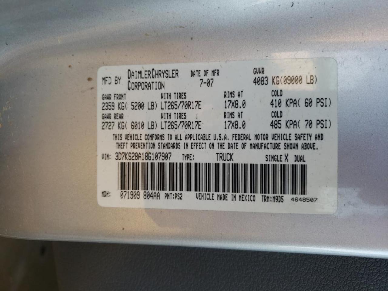 Photo 10 from auction – 2008 DODGE RAM 2500 S with VIN 3D7KS28A18G107907