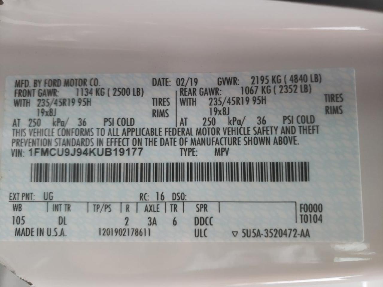 Photo 10 from auction – 2019 FORD ESCAPE TIT with VIN 1FMCU9J94KUB19177