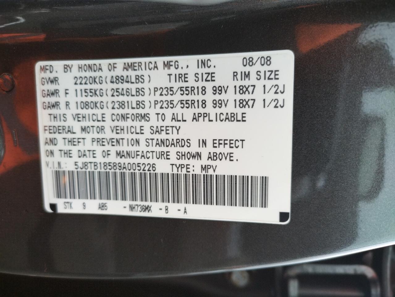 Photo 10 from auction – 2009 ACURA RDX TECHNO with VIN 5J8TB18589A005226
