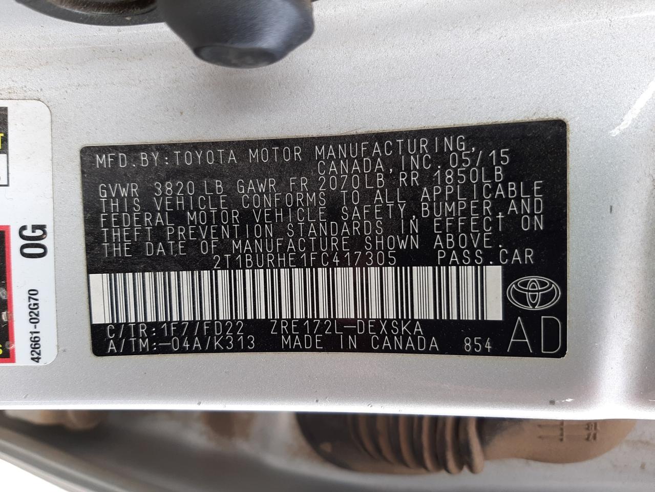 Photo 10 from auction – 2015 TOYOTA COROLLA L with VIN 2T1BURHE1FC417305