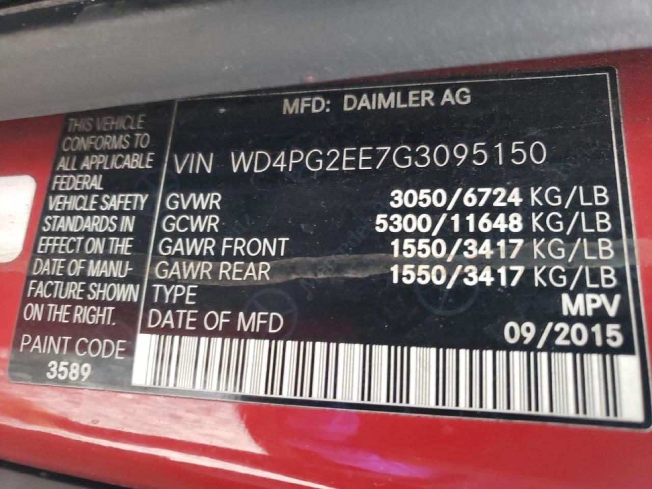Photo 10 from auction – 2016 MERCEDES-BENZ METRIS with VIN WD4PG2EE7G3095150