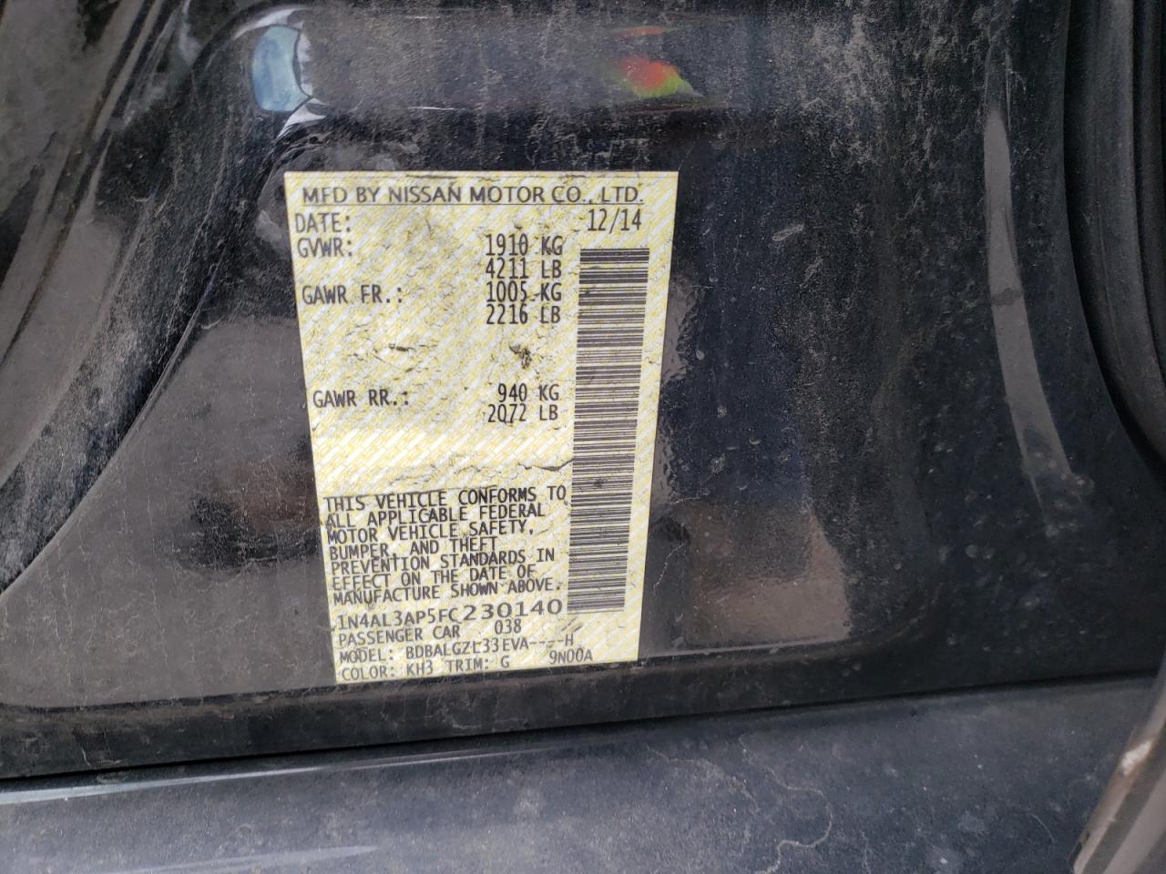 Photo 10 from auction – 2015 NISSAN ALTIMA 2.5 with VIN 1N4AL3AP5FC230140