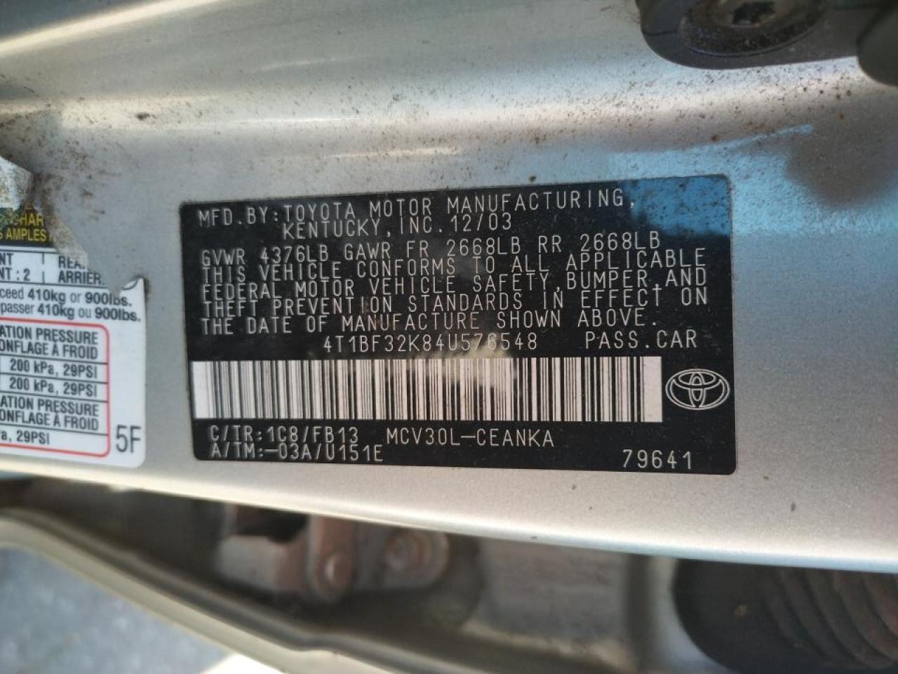 Photo 10 from auction – 2004 TOYOTA CAMRY LE with VIN 4T1BF32K84U576548