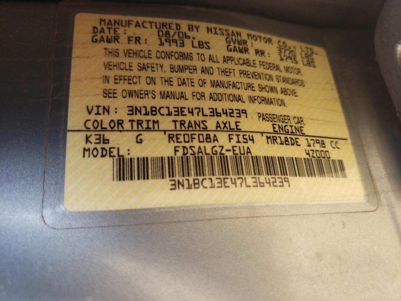 Zdjęcie 10 z aukcji – 2007 NISSAN VERSA S z VIN 3N1BC13E47L364239