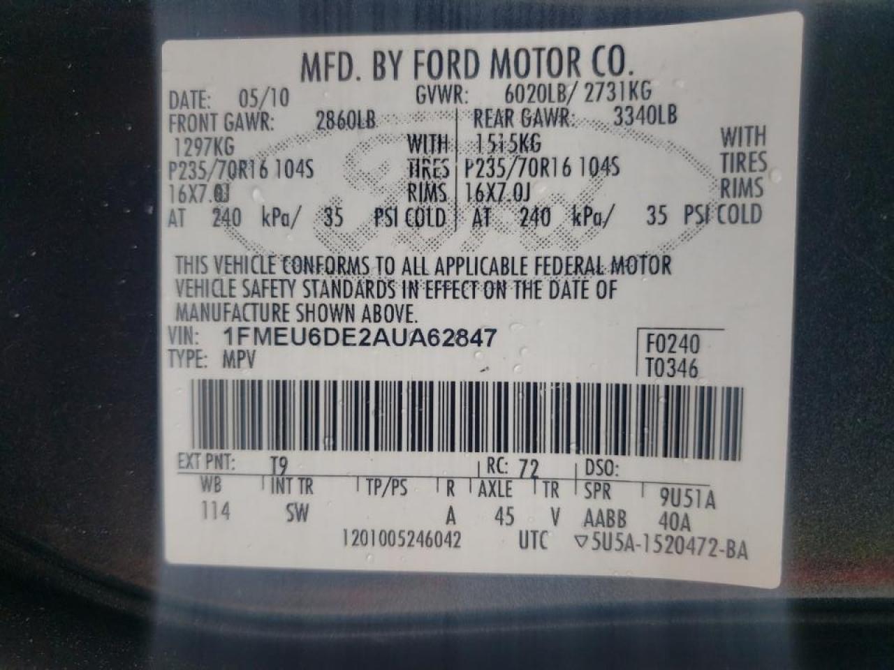 Photo 10 from auction – 2010 FORD EXPLORER X with VIN 1FMEU6DE2AUA62847