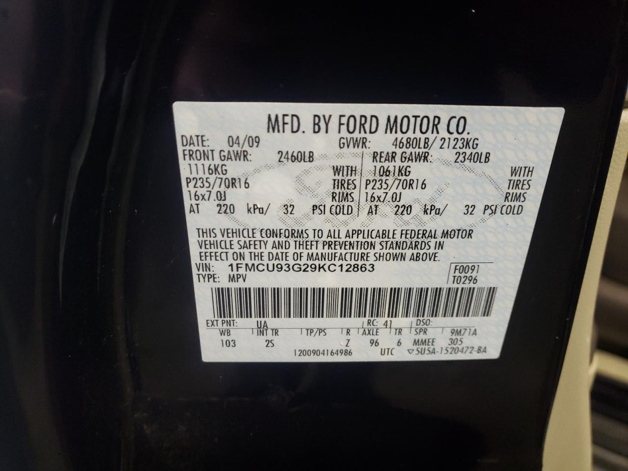 Photo 10 from auction – 2009 FORD ESCAPE XLT with VIN 1FMCU93G29KC12863