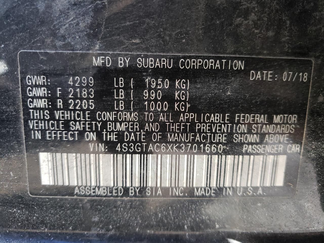 Photo 10 from auction – 2019 SUBARU IMPREZA PR with VIN 4S3GTAC6XK3701660