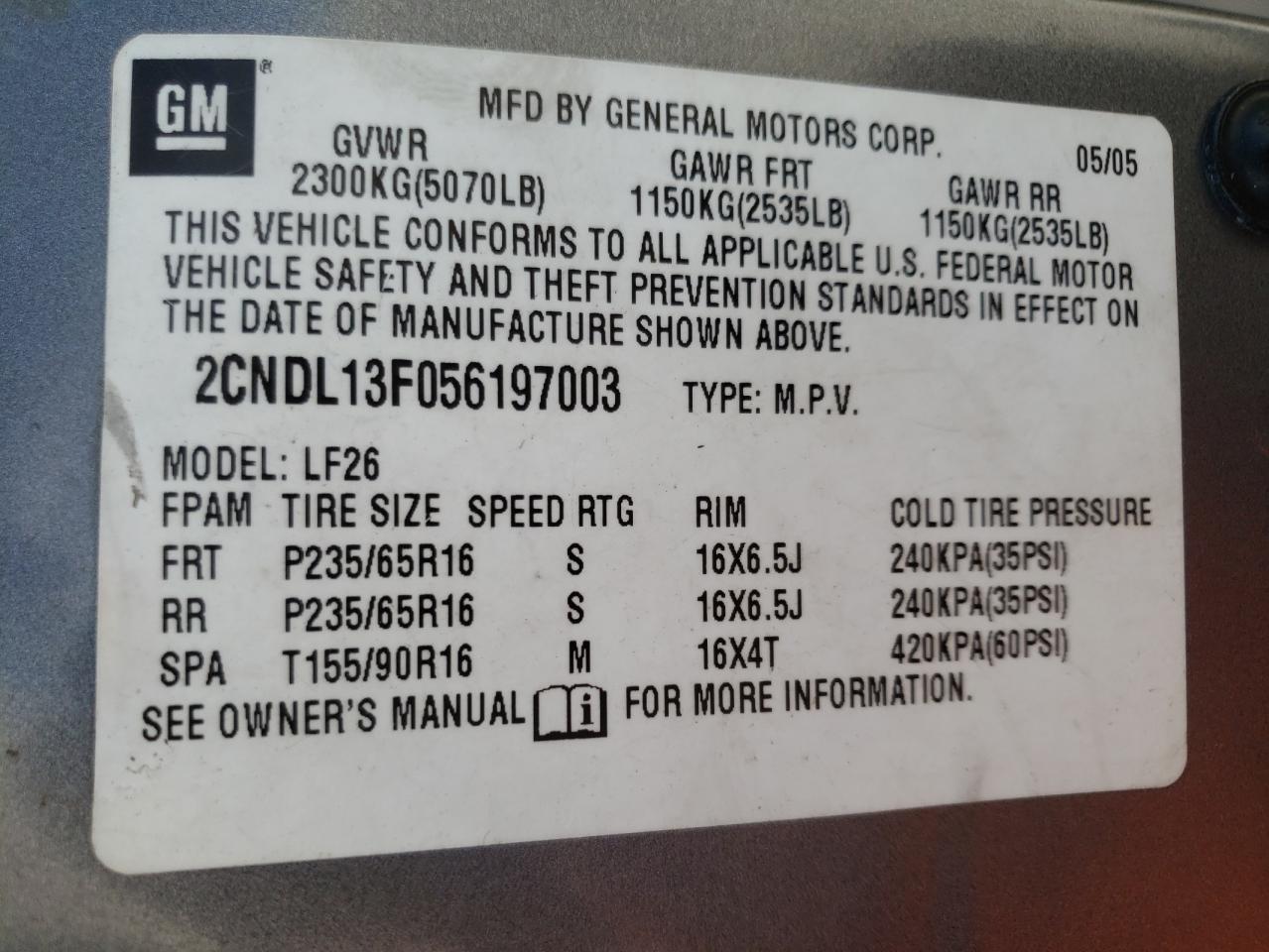 Photo 10 from auction – 2005 CHEVROLET EQUINOX LS with VIN 2CNDL13F056197003