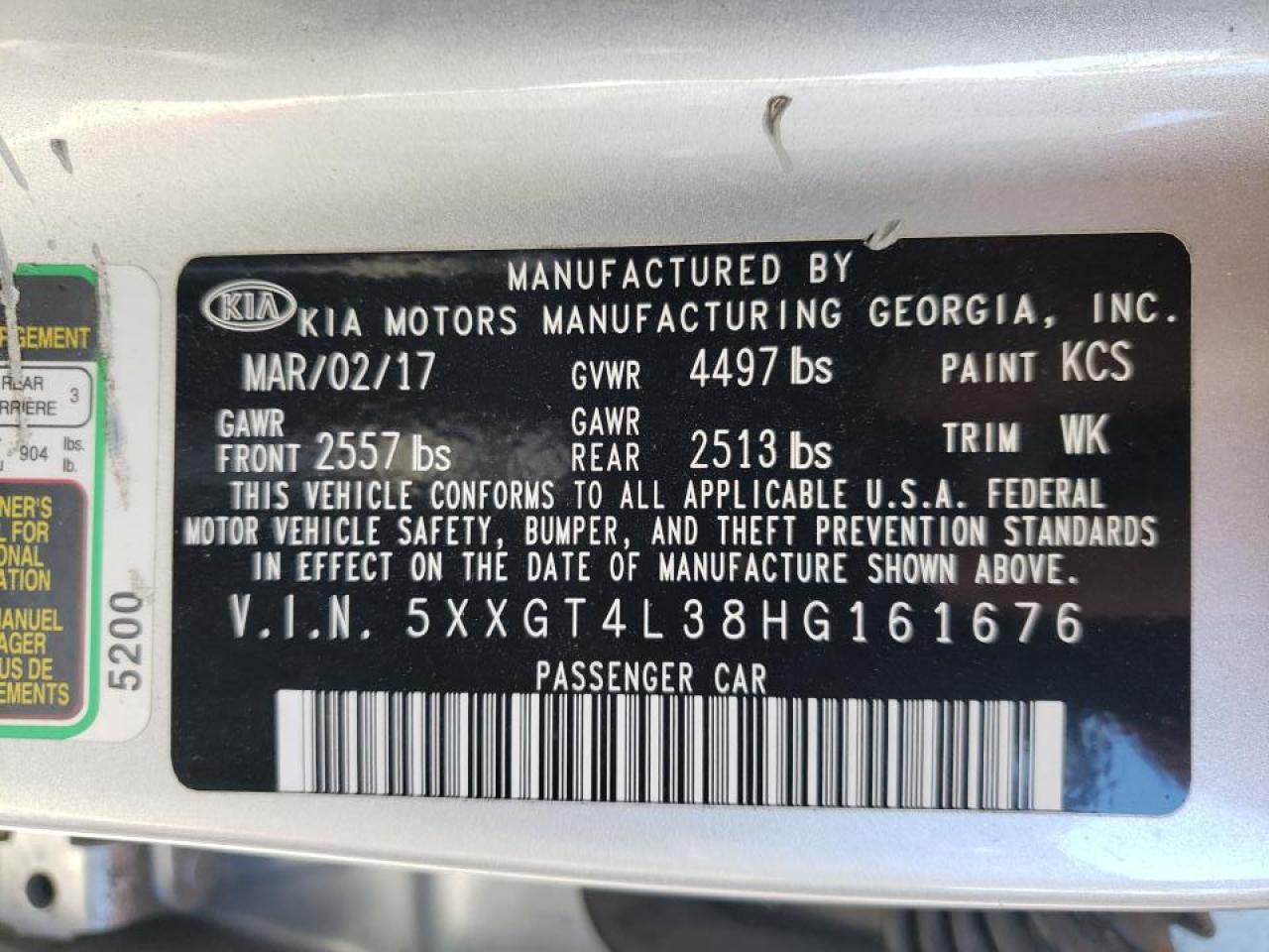 Photo 10 from auction – 2017 KIA OPTIMA LX with VIN 5XXGT4L38HG161676