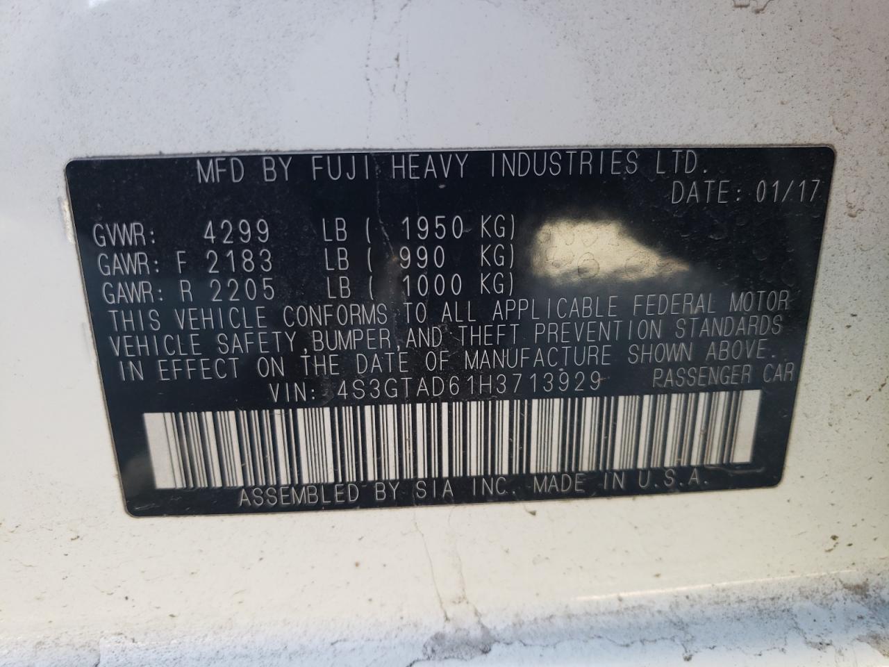 Photo 10 from auction – 2017 SUBARU IMPREZA PR with VIN 4S3GTAD61H3713929