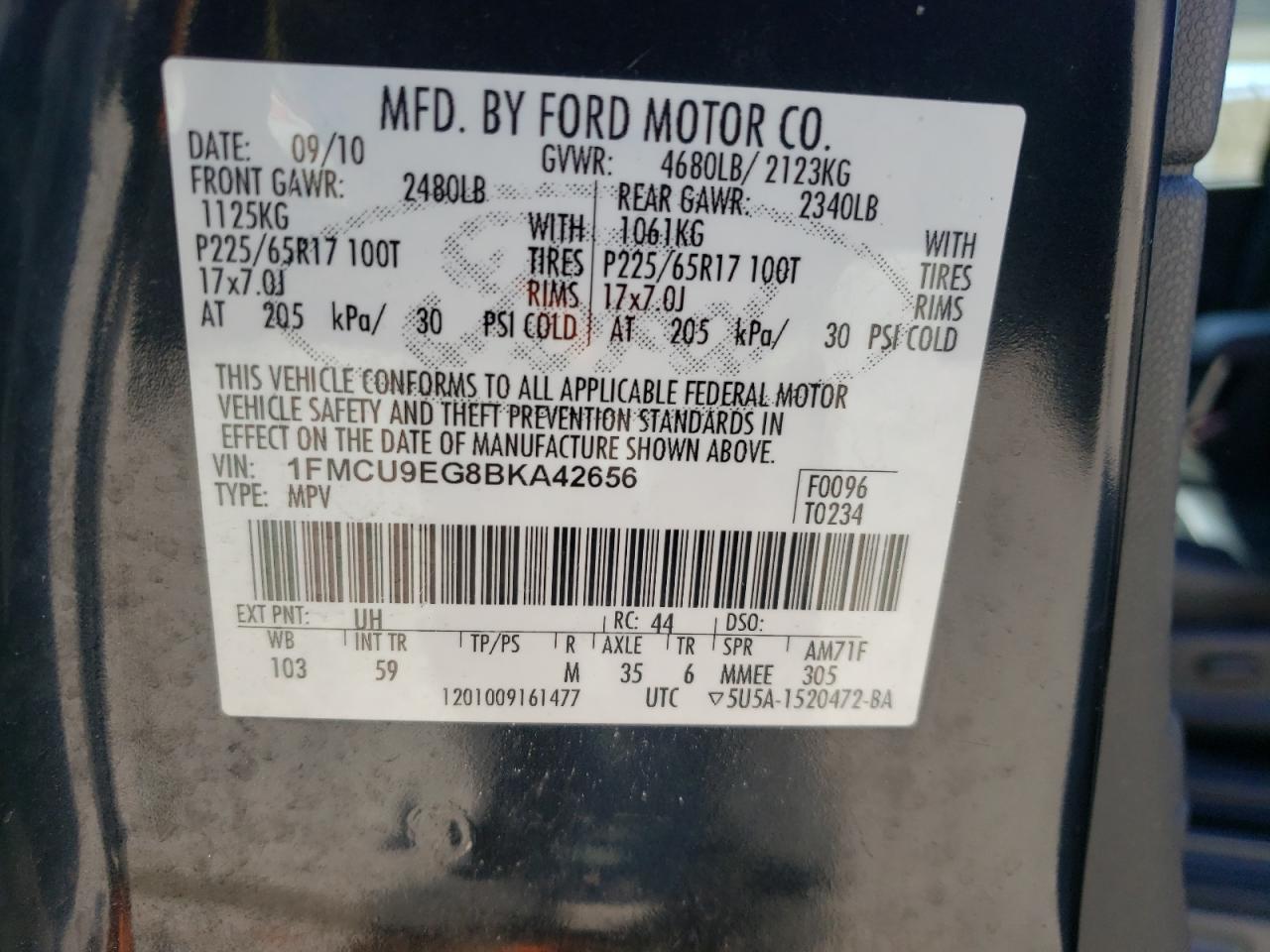Photo 10 from auction – 2011 FORD ESCAPE LIM with VIN 1FMCU9EG8BKA42656