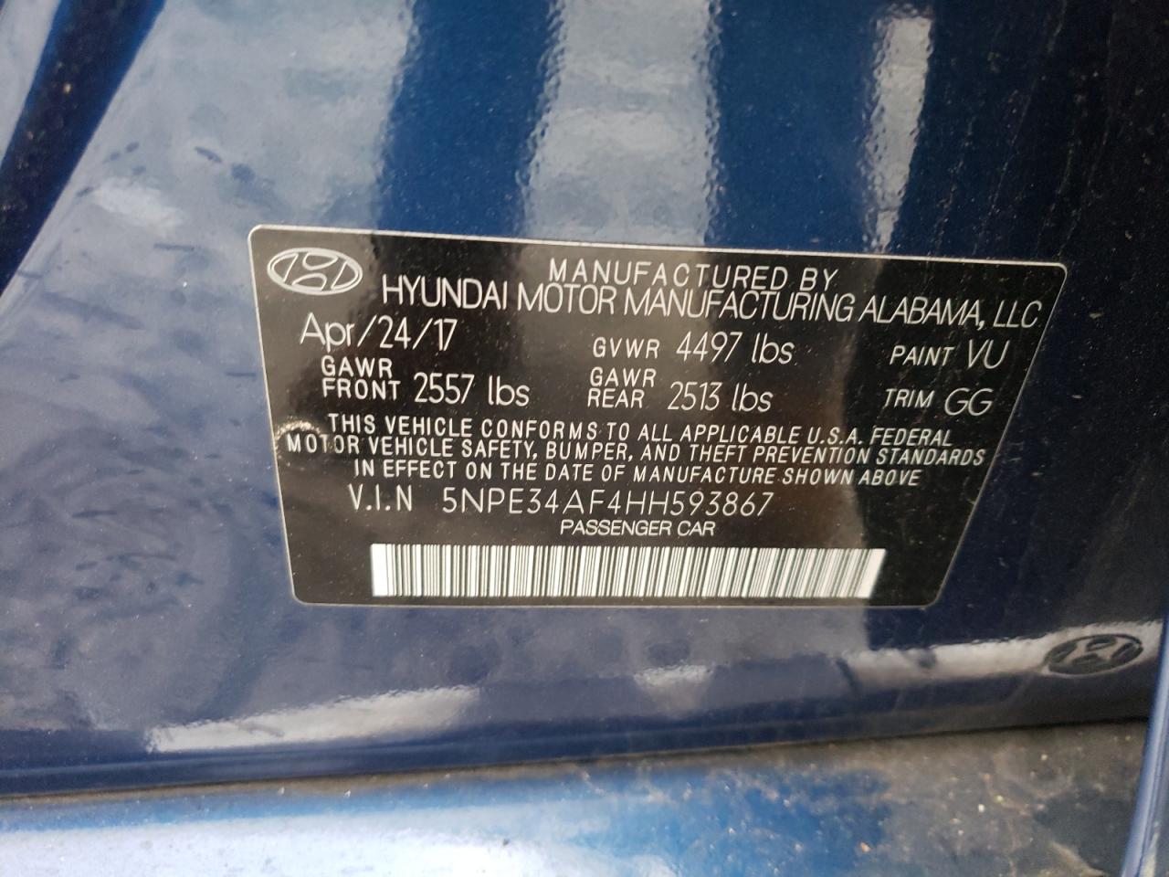 Photo 10 from auction – 2017 HYUNDAI SONATA SPO with VIN 5NPE34AF4HH593867