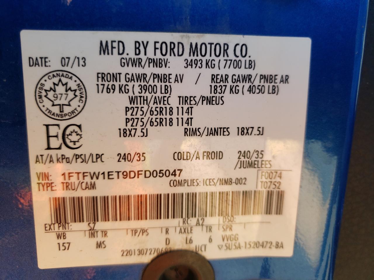 Photo 10 from auction – 2013 FORD F150 SUPER with VIN 1FTFW1ET9DFD05047