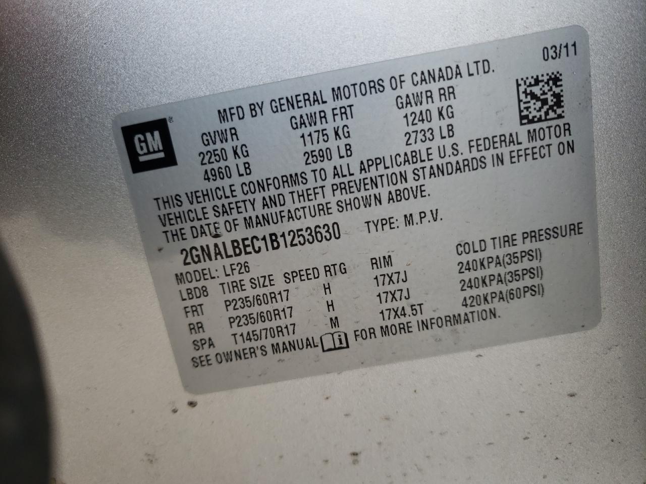 Photo 10 from auction – 2011 CHEVROLET EQUINOX LS with VIN 2GNALBEC1B1253630