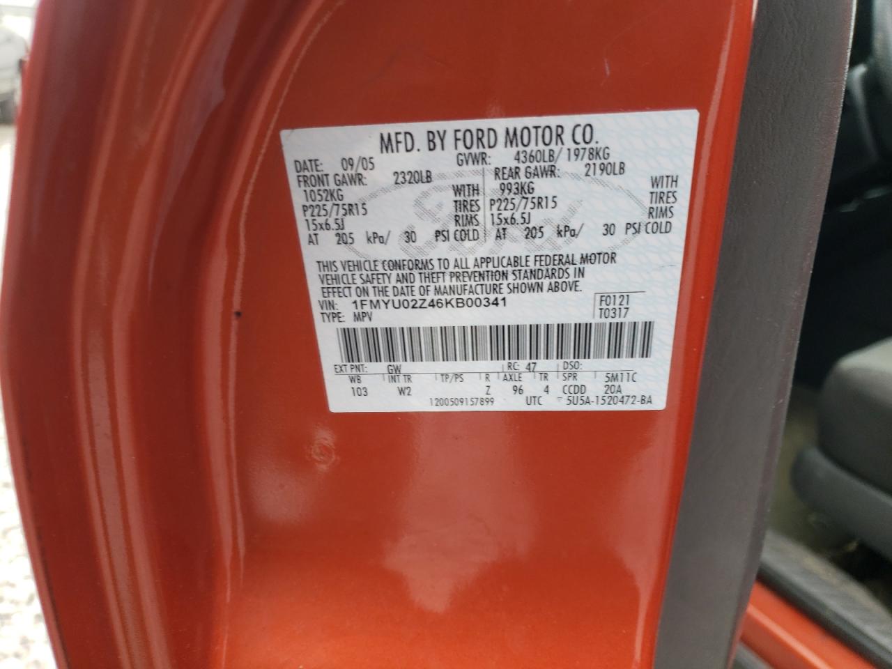 Photo 10 from auction – 2006 FORD ESCAPE XLS with VIN 1FMYU02Z46KB00341