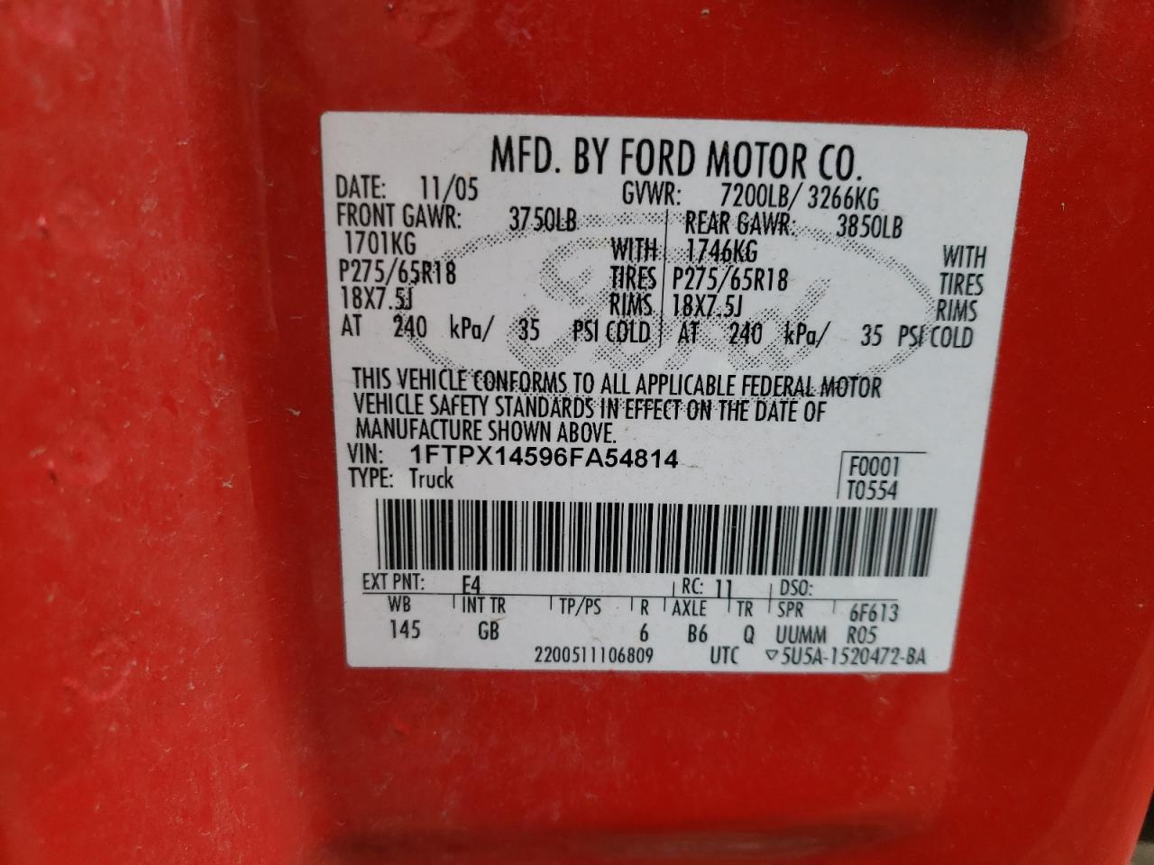Photo 10 from auction – 2006 FORD F150 with VIN 1FTPX14596FA54814