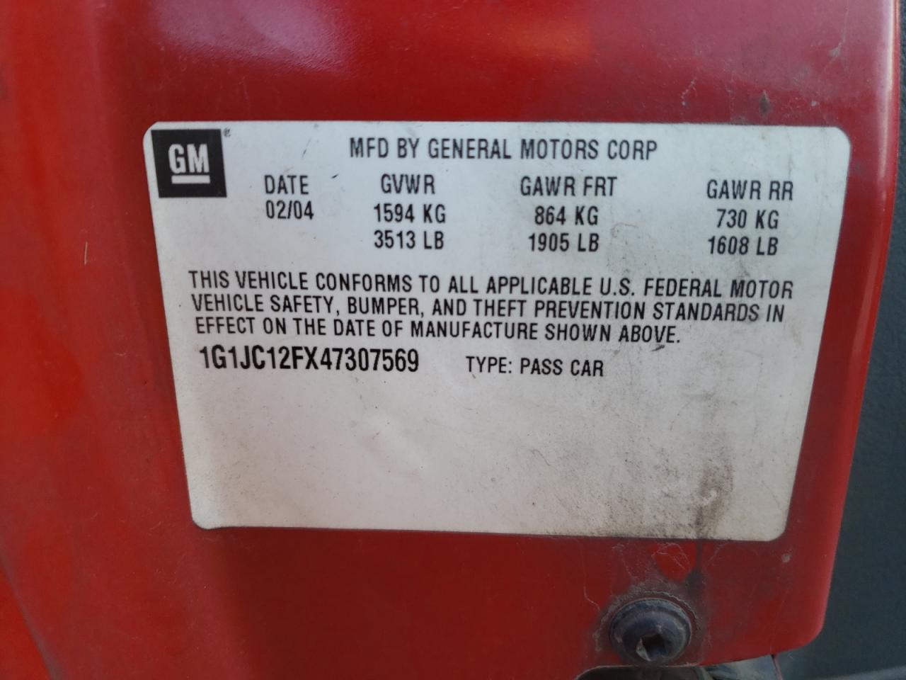 Photo 10 from auction – 2004 CHEVROLET CAVALIER with VIN 1G1JC12FX47307569