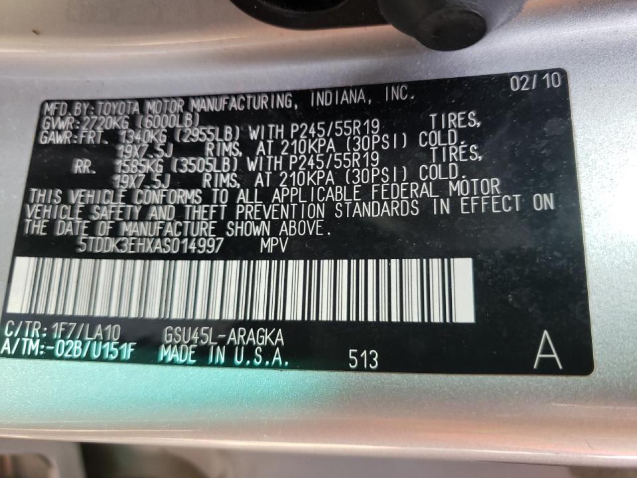 Photo 10 from auction – 2010 TOYOTA HIGHLANDER with VIN 5TDDK3EHXAS014997
