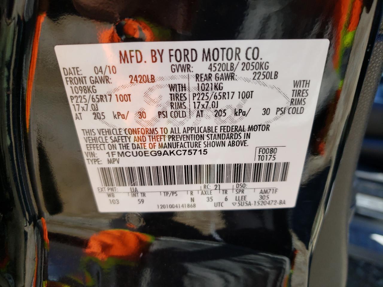 Photo 10 from auction – 2010 FORD ESCAPE LIM with VIN 1FMCU0EG9AKC75715