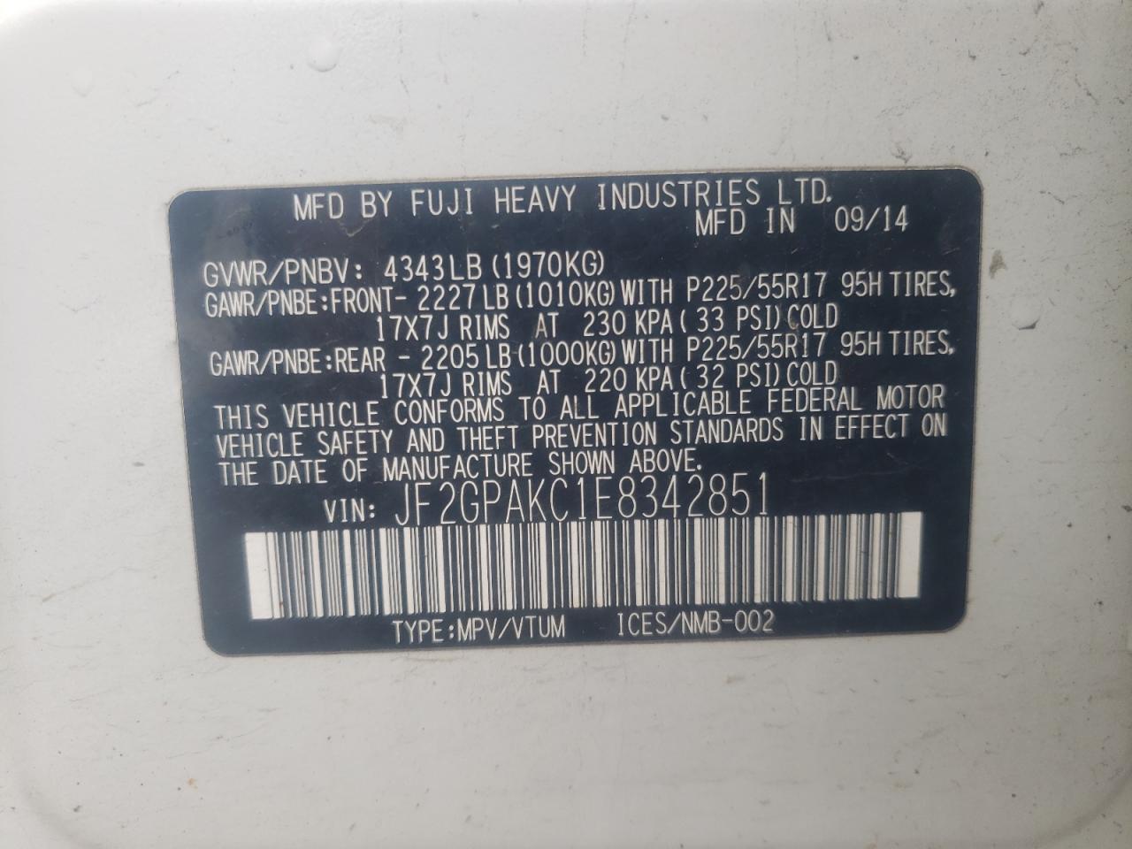 Photo 10 from auction – 2014 SUBARU XV CROSSTR with VIN JF2GPAKC1E8342851