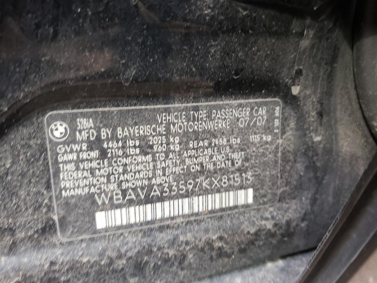Photo 10 from auction – 2007 BMW 328 I with VIN WBAVA33597KX81513