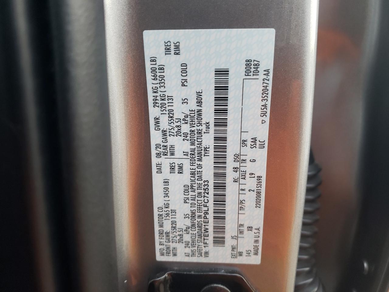 Photo 10 from auction – 2020 FORD F150 SUPER with VIN 1FTEW1EP9LFC72533
