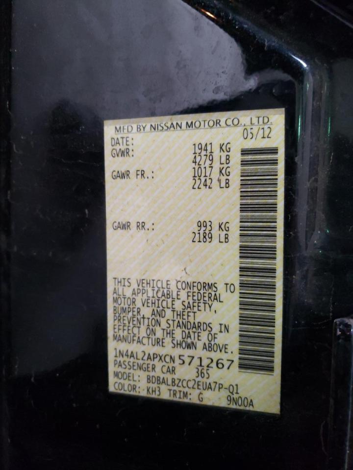 Photo 10 from auction – 2012 NISSAN ALTIMA BAS with VIN 1N4AL2APXCN571267
