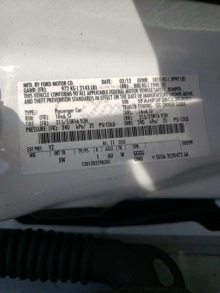 Photo 10 from auction – 2012 FORD FOCUS SE with VIN 1FAHP3F28CL363051