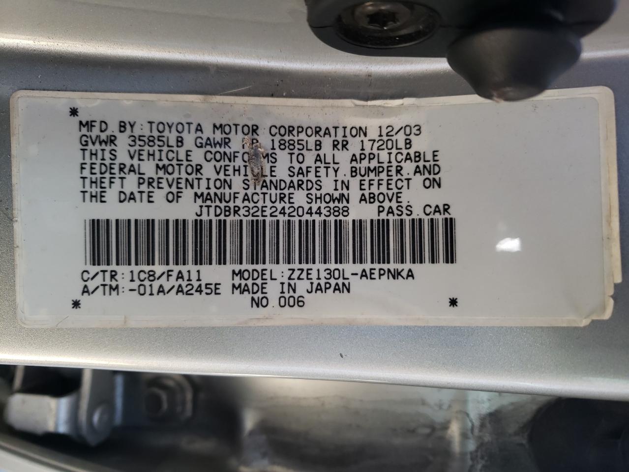 Photo 10 from auction – 2004 TOYOTA COROLLA CE with VIN JTDBR32E242044388