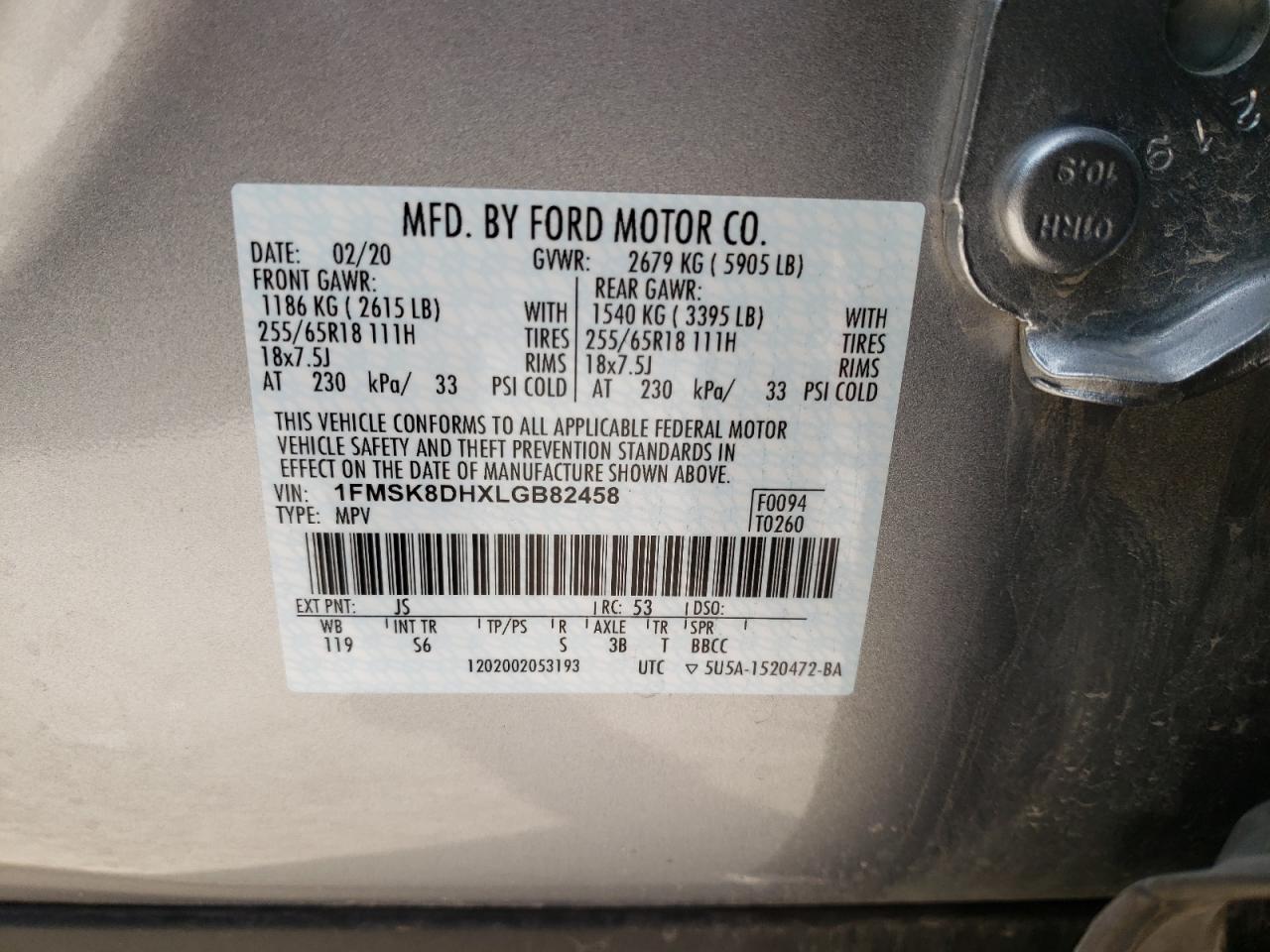 Photo 10 from auction – 2020 FORD EXPLORER X with VIN 1FMSK8DHXLGB82458