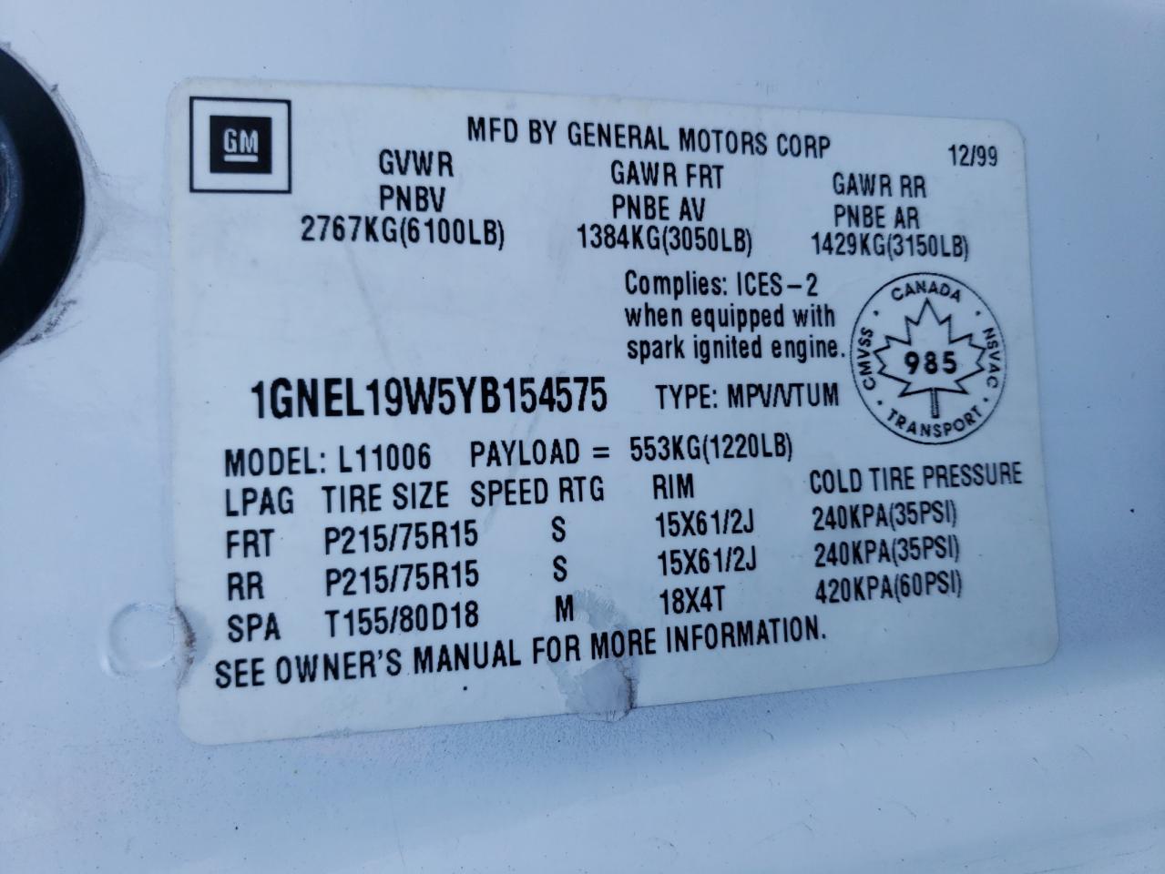 Photo 10 from auction – 2000 CHEVROLET ASTRO with VIN 1GNEL19W5YB154575